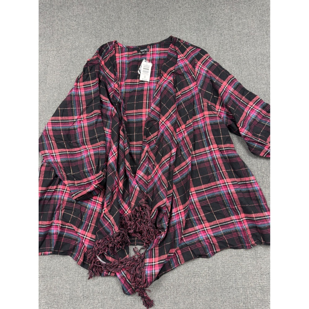 Torrid Plaid Flannel Drape Jacket Fringe Red Pink Metallic Gold 5 5X 28 NEW